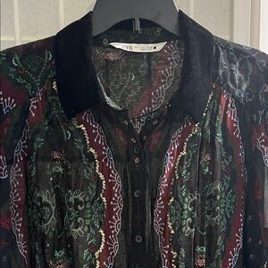 Zara Multicolor Sequin Design Sheer Blouse w/Velvet Collar